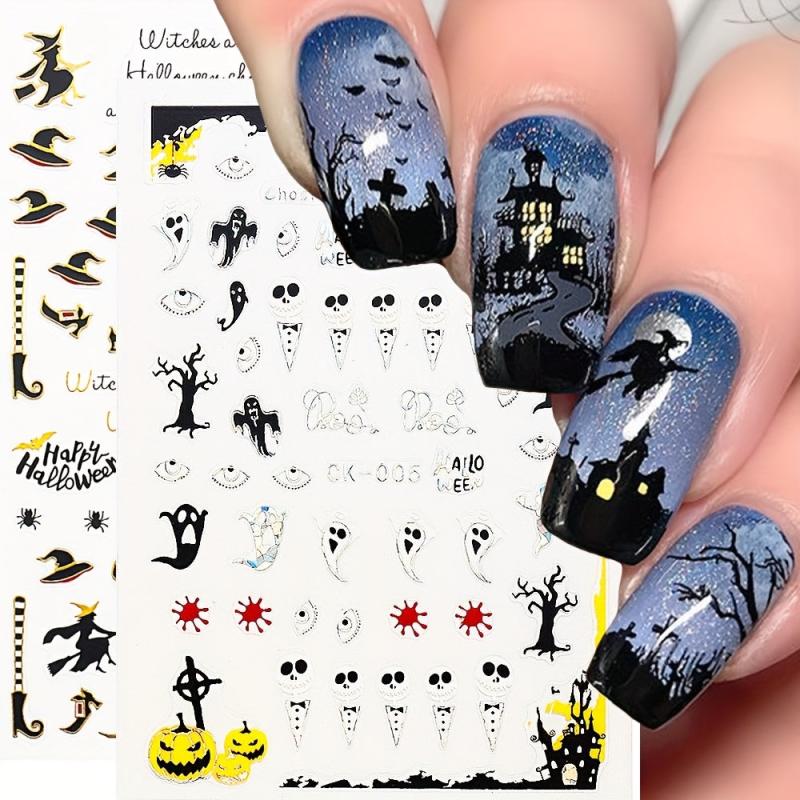 8pcs Halloween Nail Art Stickers - Ghost Pumpkin Witch Spider Cat Bat Designs