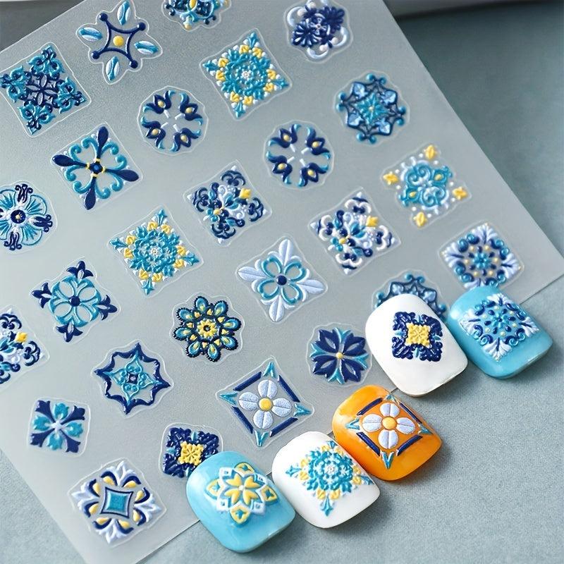 Bohemian Art Holographic Nail Stickers Plastic Embossed Decals