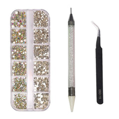 Crystal AB Rhinestones Set with Tweezers & Drill Pen - DIY Nail Art Gems