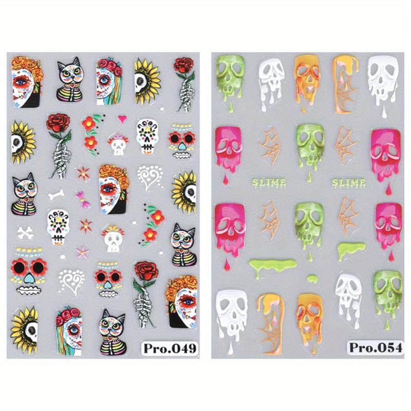 2pcs 5D Halloween Nail Stickers Pumpkin Ghost Skull Nail Art Decals
