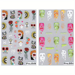 2pcs 5D Halloween Nail Stickers Pumpkin Ghost Skull Nail Art Decals
