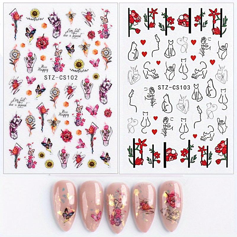 Summer Plant Nail Stickers 3D Self Adhesive DIY Nail Decals For Women Girls