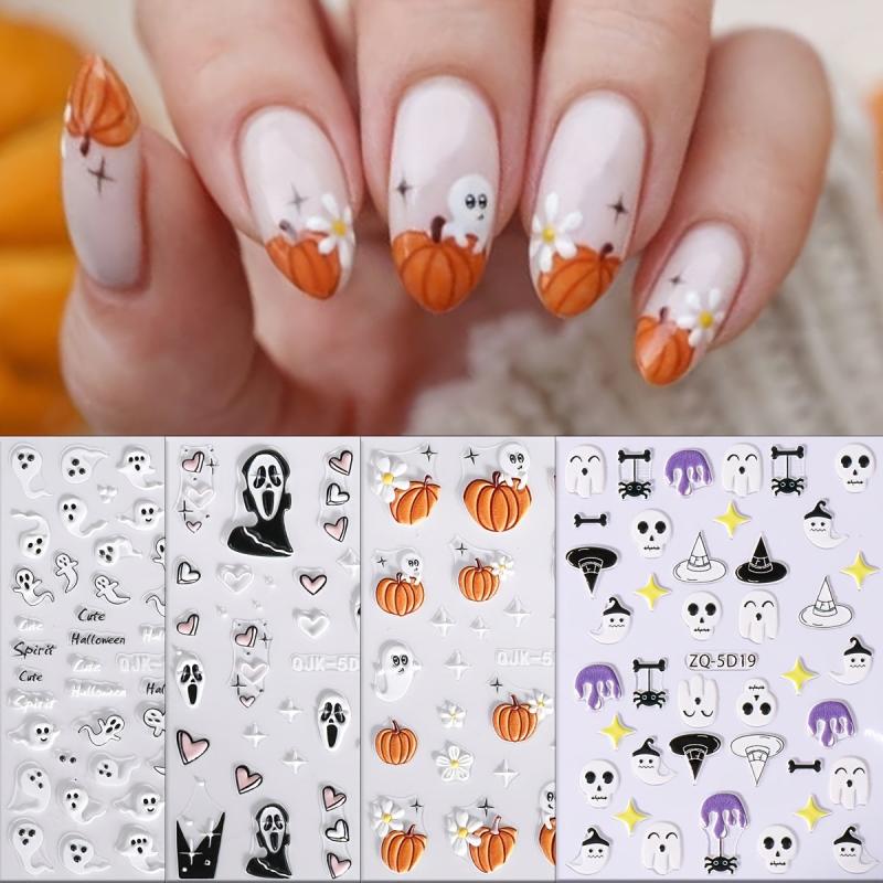 Halloween Nail Art Stickers 5D Embossed Skull Ghost Pumpkin Spider Nail Decals