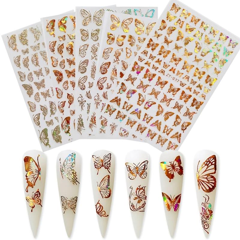 Golden Silvery 3D Butterfly Nail Art Stickers Adhesive Sliders DIY