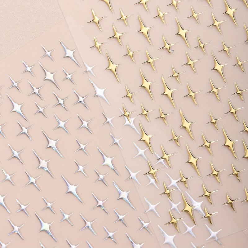 2 Sheets 3D Silver Star Nail Art Stickers Glitter Decals Self Adhesive