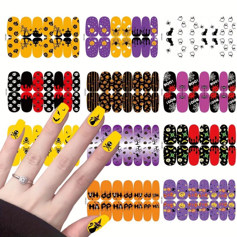 11 Sheets Halloween Nail Wraps Art Stickers Pumpkin Bat Ghost Spider Pattern