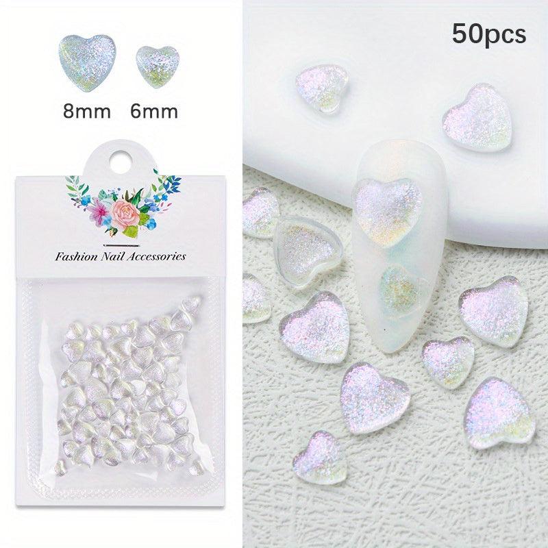 50 pcs Holographic Heart Nail Decorations Reflective Cat Eye Charms for Nail Art