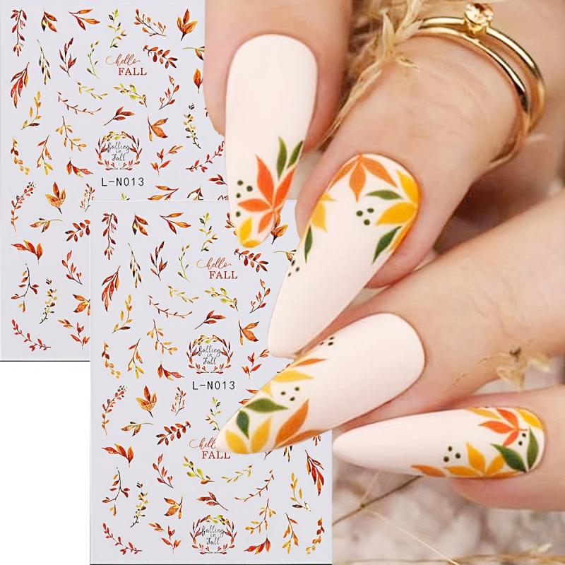 Holographic Maple Leaf Nail Art Stickers Yellow Fall Painting