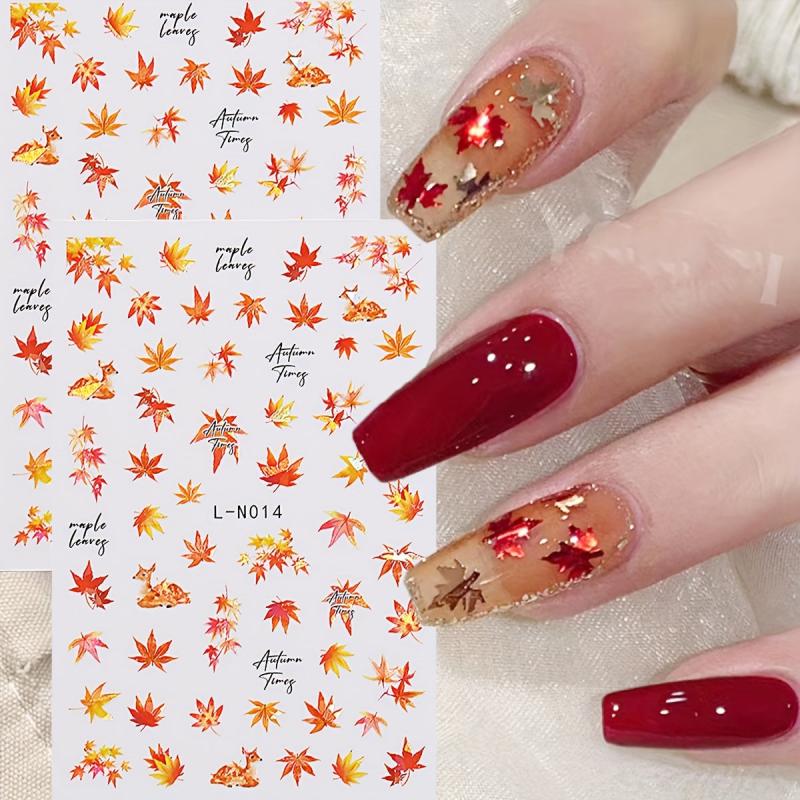 Holographic Maple Leaf Nail Art Stickers Yellow Fall Painting