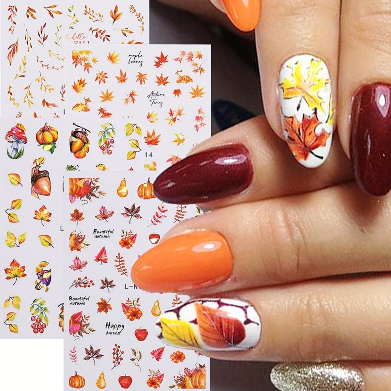 Holographic Maple Leaf Nail Art Stickers Yellow Fall Painting
