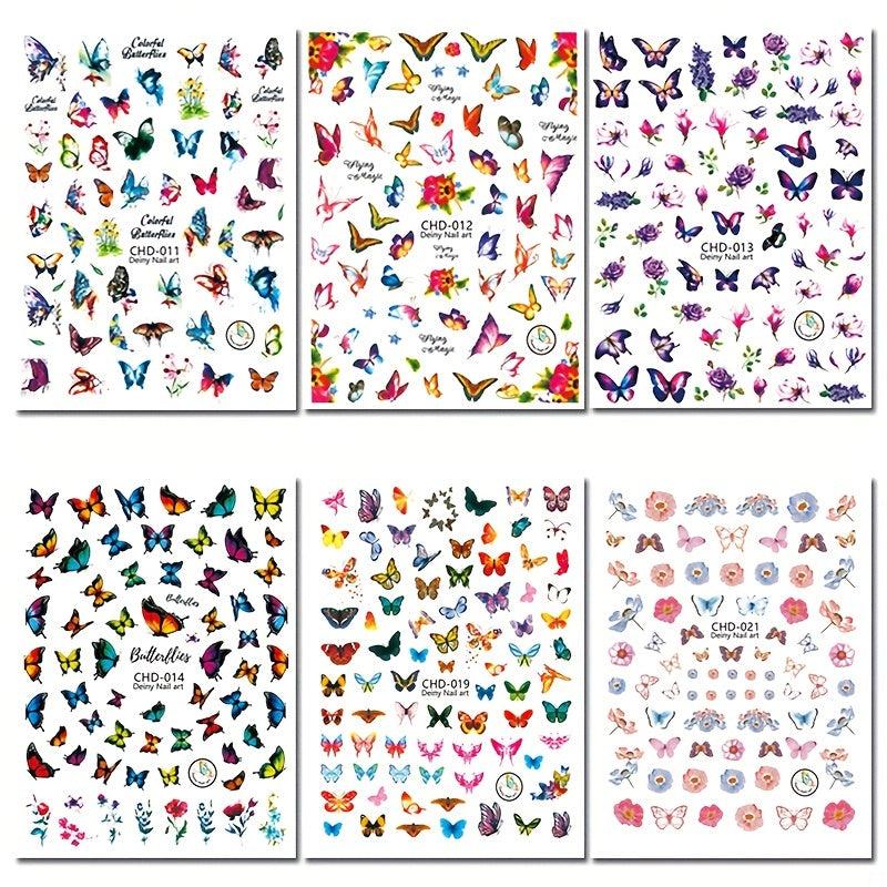 6 Sheets Butterfly Nail Art Stickers 3D Self Adhesive Designs Nail Decals