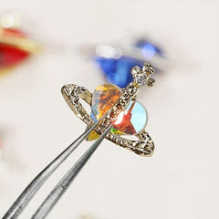 Peach Heart Nail Art Charms With Rhinestones Alloy Planet Nail Gem