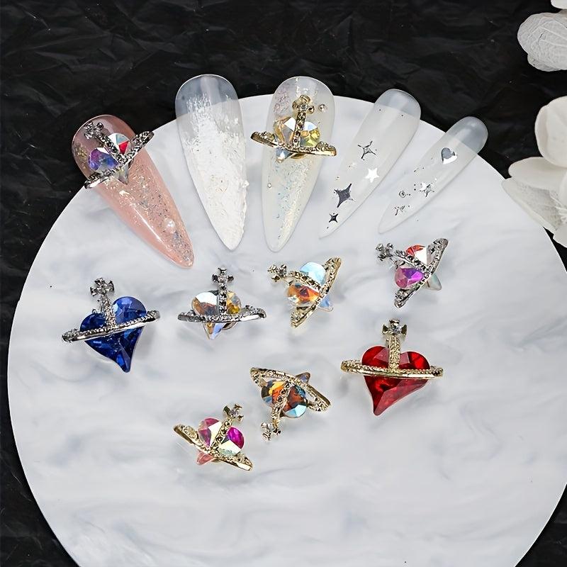 Peach Heart Nail Art Charms With Rhinestones Alloy Planet Nail Gem