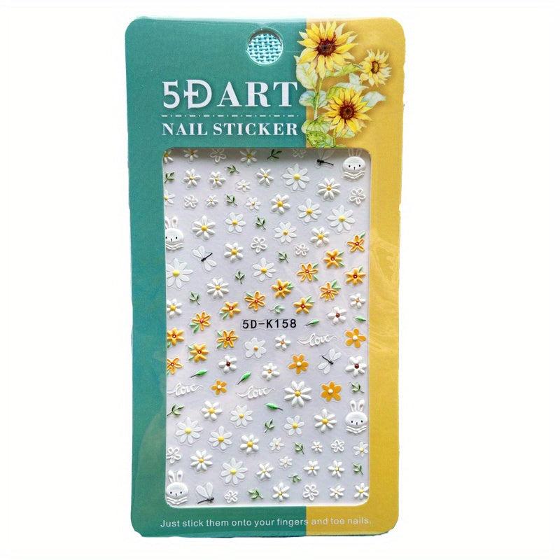 5D Embossed Daisy Nail Art Stickers - Yellow Colorful Flowers