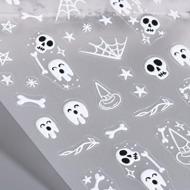 5D Embossed Halloween Nail Art Stickers - Skull Ghost Skeleton Spider Web