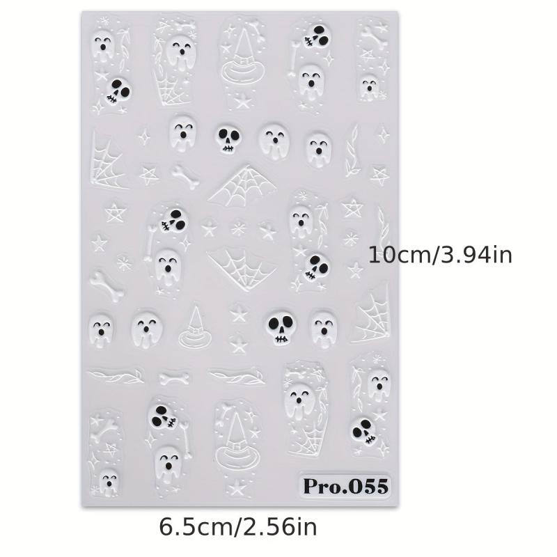 5D Embossed Halloween Nail Art Stickers - Skull Ghost Skeleton Spider Web