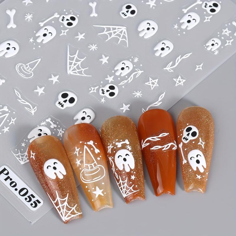 5D Embossed Halloween Nail Art Stickers - Skull Ghost Skeleton Spider Web