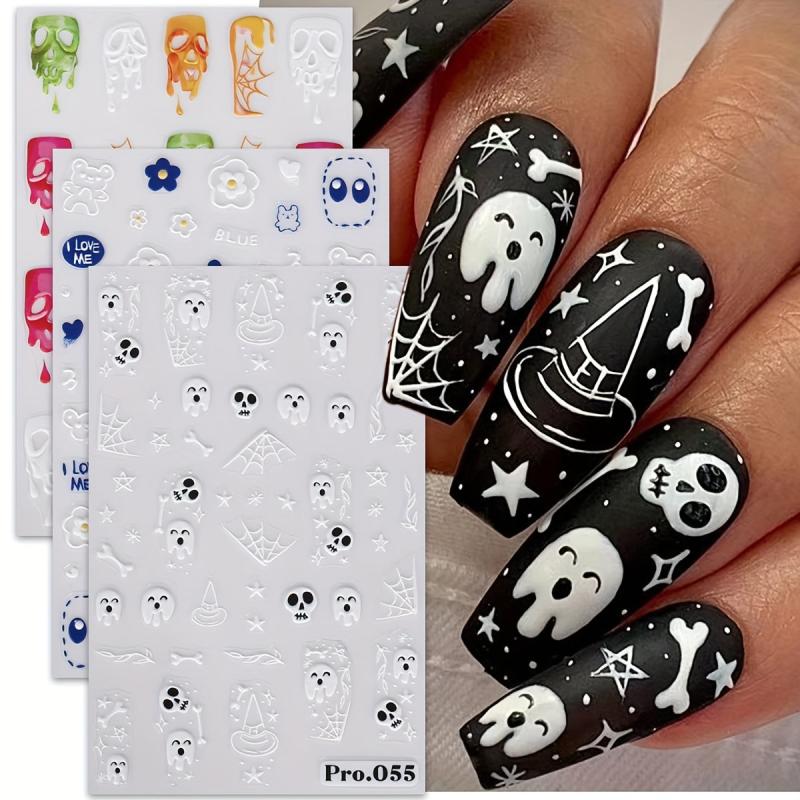 5D Embossed Halloween Nail Art Stickers - Skull Ghost Skeleton Spider Web
