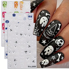 5D Embossed Halloween Nail Art Stickers - Skull Ghost Skeleton Spider Web