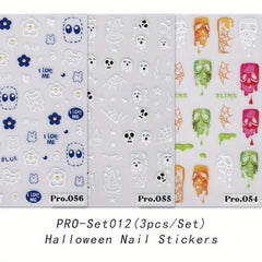 5D Embossed Halloween Nail Art Stickers - Skull Ghost Skeleton Spider Web