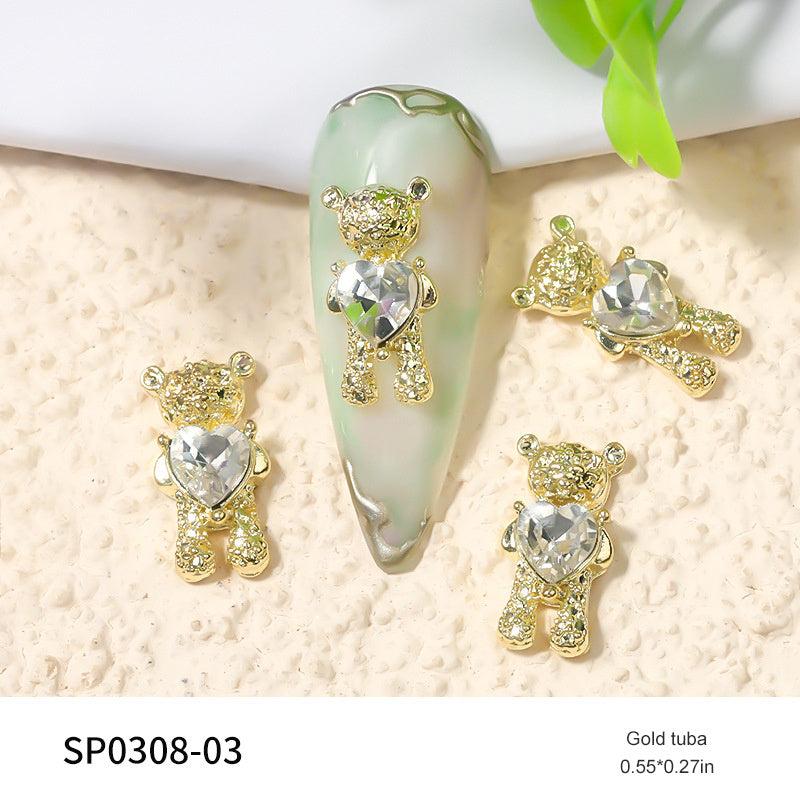 10 Pcs Bear Heart Crystal Nail Art Decorations