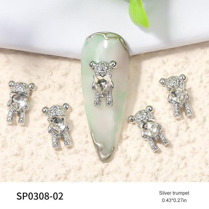 10 Pcs Bear Heart Crystal Nail Art Decorations