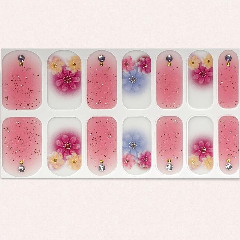 Pink Flower Nail Strips Self-Adhesive Nail Art Decal with Golden Glitter