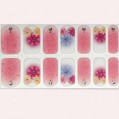 Pink Flower Nail Strips Self-Adhesive Nail Art Decal with Golden Glitter