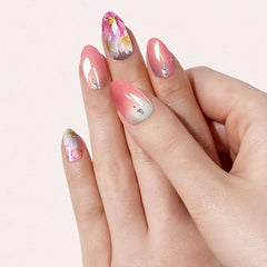 Pink Flower Nail Strips Self-Adhesive Nail Art Decal with Golden Glitter