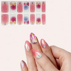 Pink Flower Nail Strips Self-Adhesive Nail Art Decal with Golden Glitter