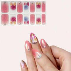 Pink Flower Nail Strips Self-Adhesive Nail Art Decal with Golden Glitter