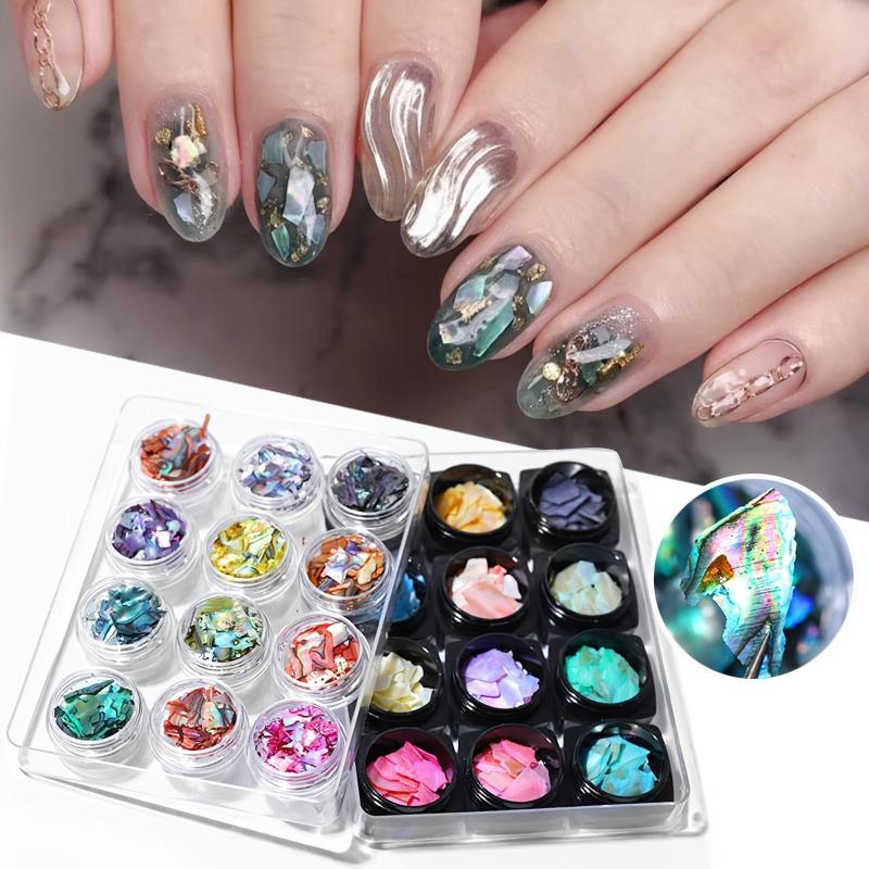 12 Boxes Colorful 3D Nail Abalone Slices Nail Art Shell Stones Nail Sequins