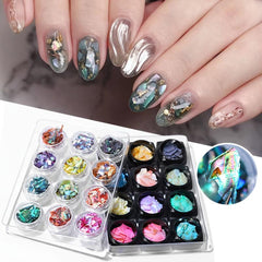 12 Boxes Colorful 3D Nail Abalone Slices Nail Art Shell Stones Nail Sequins