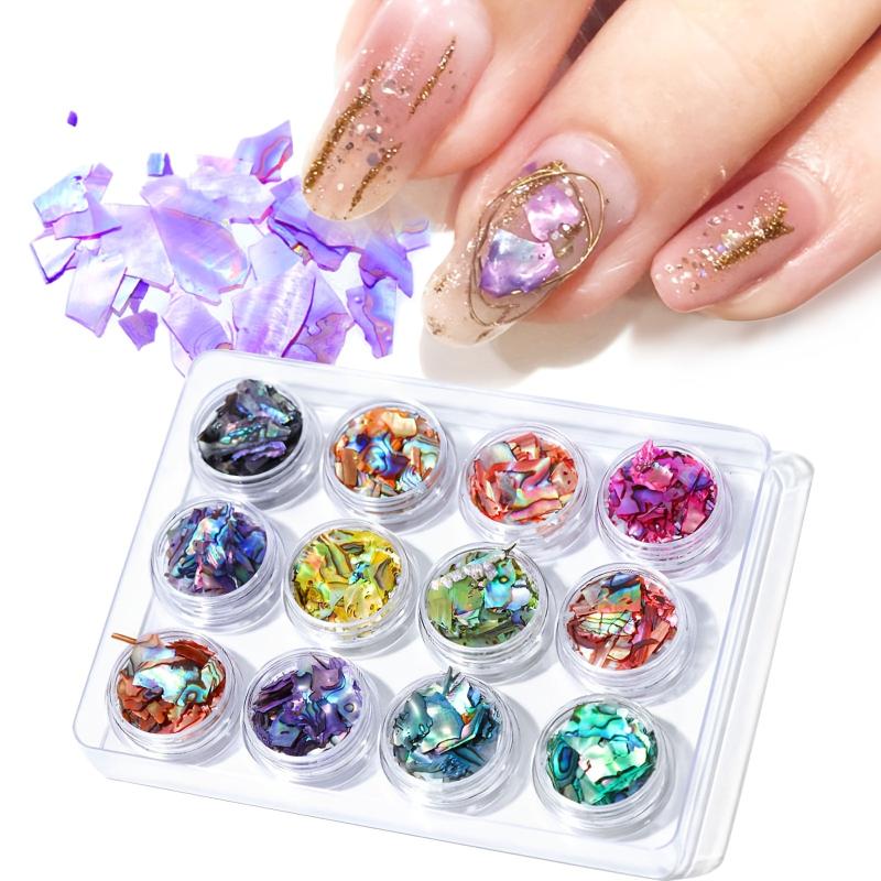 12 Boxes Colorful 3D Nail Abalone Slices Nail Art Shell Stones Nail Sequins