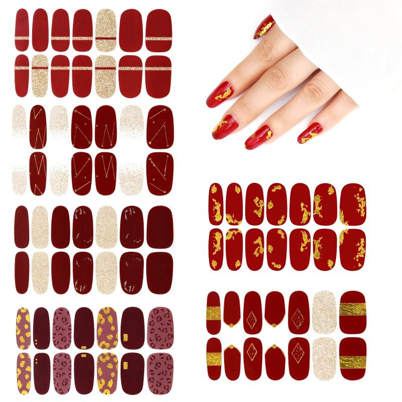 Red Nail Polish Strips Stickers Glitter Full Nail Wraps for Women Girls