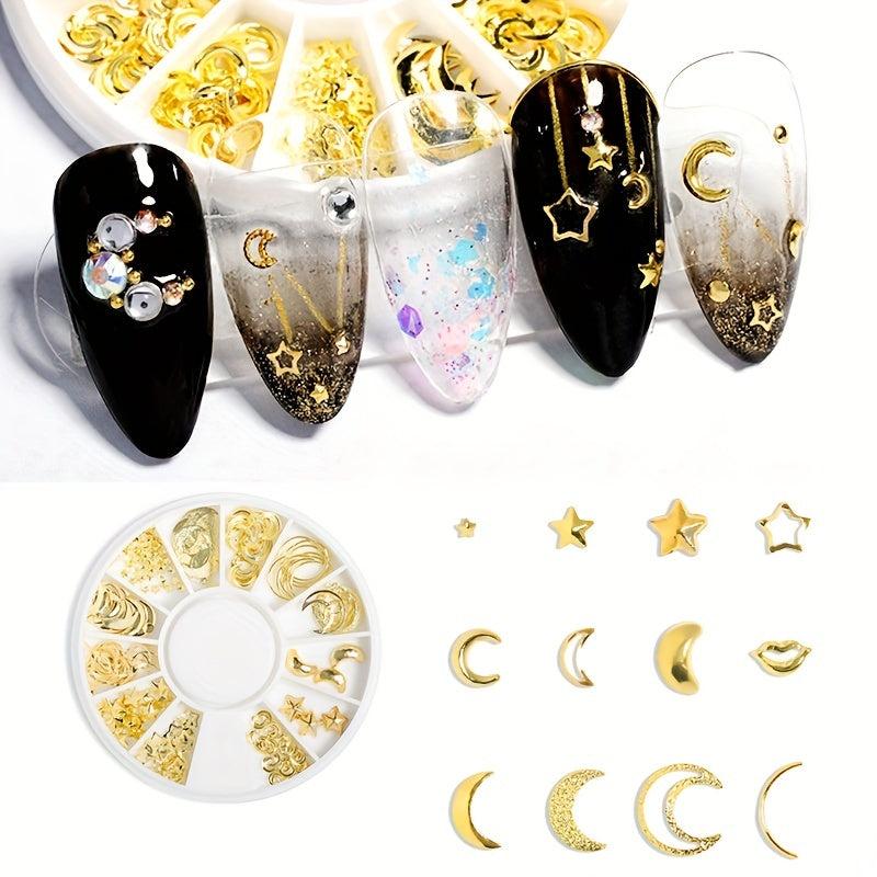 12 Grids Metal Nail Studs Star Moon Nail Art Kit