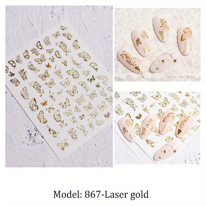 Y2K 3D Butterfly Nail Art Stickers Golden & Silver Shapes DIY Decoration