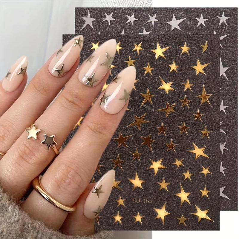 Metallic Mirror Nail Stickers - Golden Silvery Star Manicure Decals