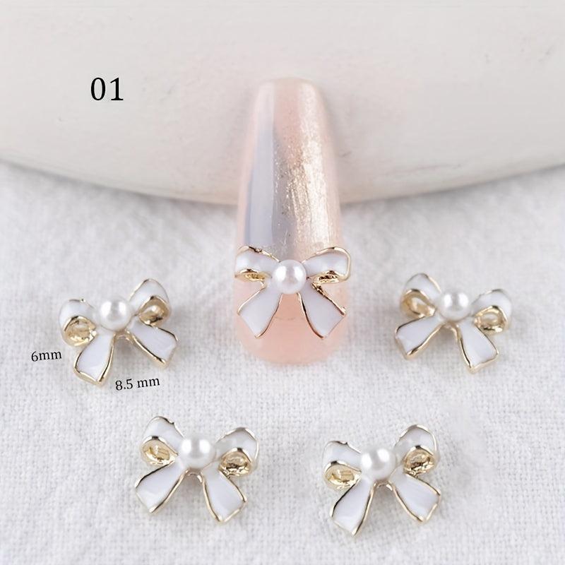 10pcs Alloy Bowknot Nail Charms w/ Pearls & Rhinestones DIY Nail Art Access
