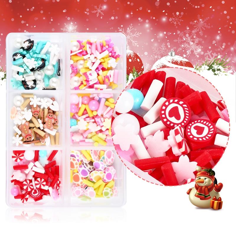 6 Mixed 3D Christmas Nail Charm Pink Pearl Gingerbread Snowflake Nail Art Slice