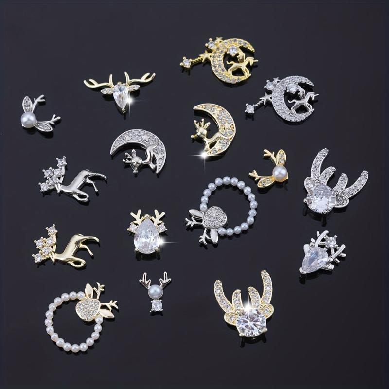 3pcs Christmas Nail Art Charms Zircon Pearls Reindeer Accessories DIY Salons
