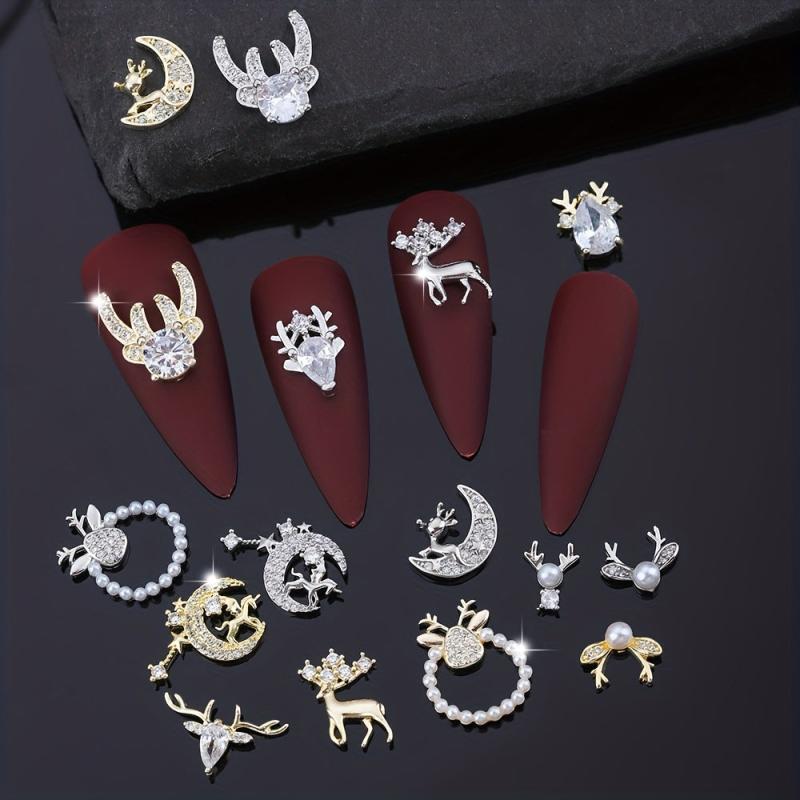 3pcs Christmas Nail Art Charms Zircon Pearls Reindeer Accessories DIY Salons