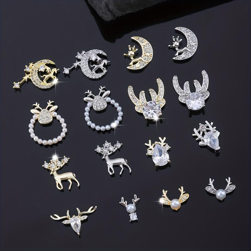 3pcs Christmas Nail Art Charms Zircon Pearls Reindeer Accessories DIY Salons