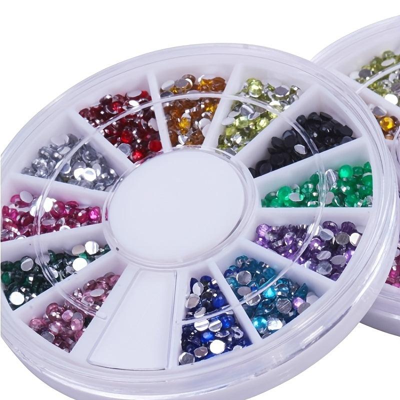 12 Colors 3D Nail Art Crystal Studs Beads in Round Box