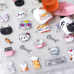 5D Fish Eating Cat Manicure Stickers - Embossed Cat Claw Nail Decor