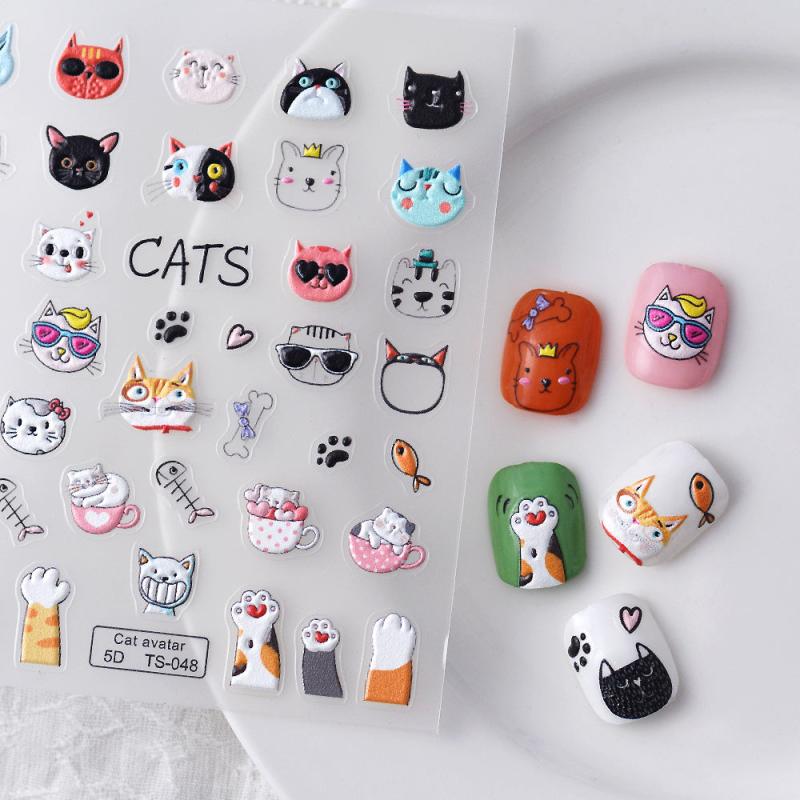 5D Fish Eating Cat Manicure Stickers - Embossed Cat Claw Nail Decor