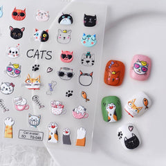 5D Fish Eating Cat Manicure Stickers - Embossed Cat Claw Nail Decor