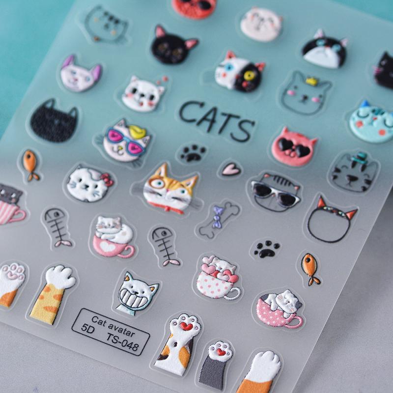 5D Fish Eating Cat Manicure Stickers - Embossed Cat Claw Nail Decor