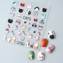 5D Fish Eating Cat Manicure Stickers - Embossed Cat Claw Nail Decor