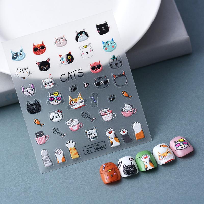 5D Fish Eating Cat Manicure Stickers - Embossed Cat Claw Nail Decor